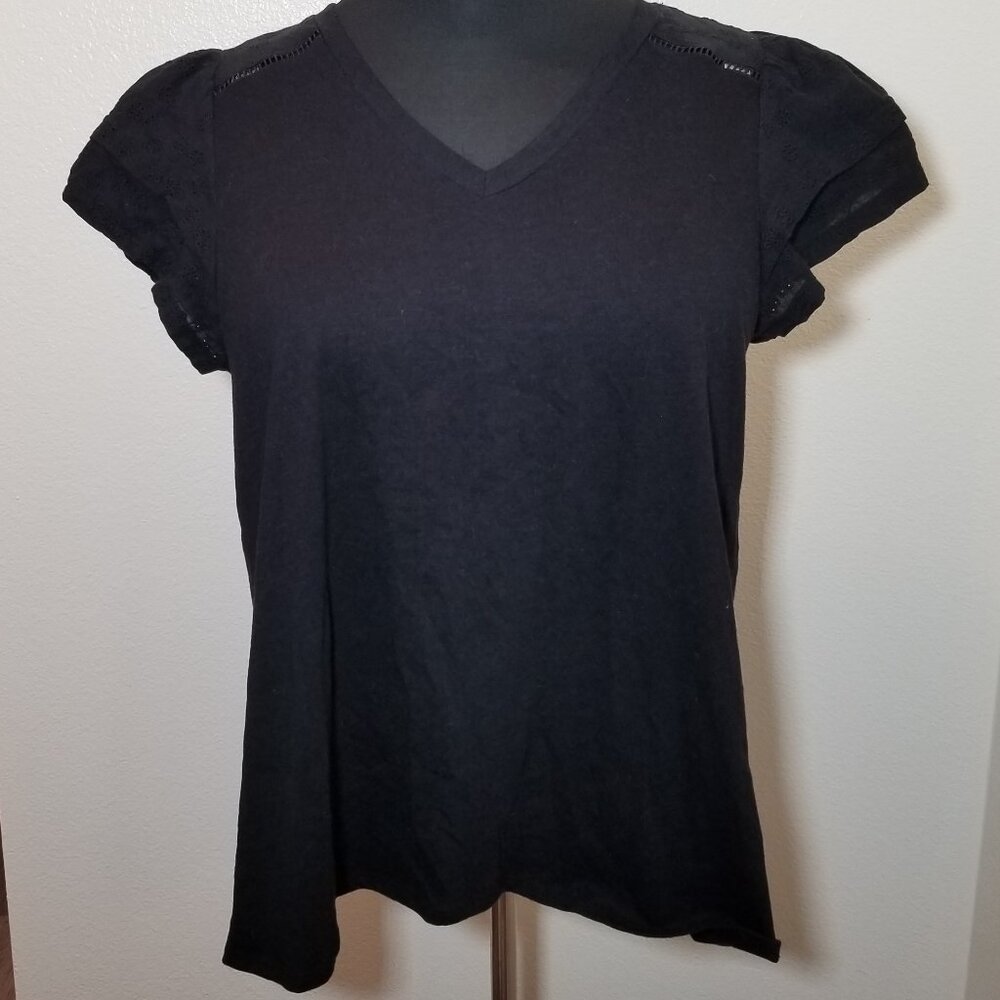 Lane Bryant V Neck Black Ruffle Flutter Sleeve Shirt Womens 14/16 Retro Cottage